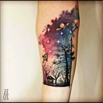 Very pretty watercolour night sky, Saturn, rocket, trees & house tattoo #dreamtattoo #mydreamtattoo