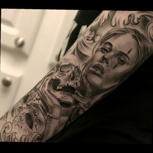 Cool realistic black & grey portrait, skull, hands & mask sleeve tattoo#dreamtattoo #mydreamtatoo