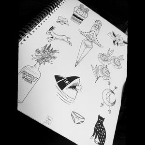 These are little sketch that I drawn, tattoo inspiration :)#tattoo #sketch #flash #shark #cat #rabbit #vodka #panties #flower #knife #moon #cactus
