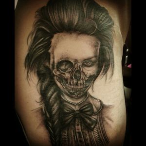 One I did a while back #skullgirl #skulltattoo #deadgirl #blackandgrey #hiptattoos #inked #inkedguys