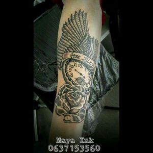 #blackandgrey #tattoo #rose #clock #wings #doetinchem #TheNetherlands #dutch #tattooartist