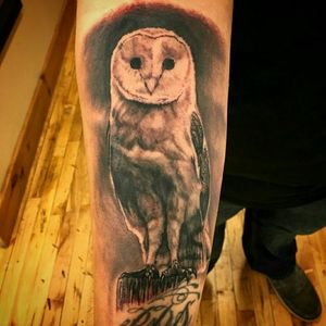 New barn owl tattoo! #barnowl #blackandgrey #owl #forearm