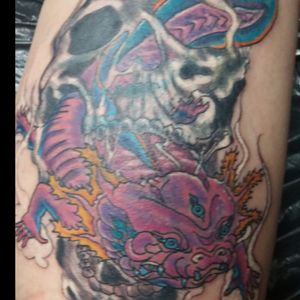 Cover up of an older tattoo. #axolotl #dragon #skull #coverup