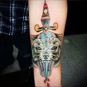 Wolf and dagger on my forearm.