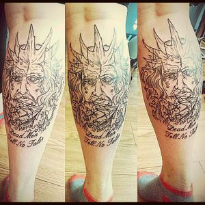 Newest piece can't wait for the shading to be done. This is Poseidon god of the seas #Poseidon #deadmentellnotales #blackandgreytattoo
