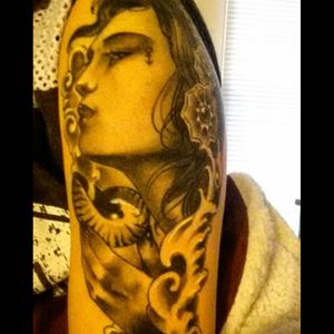 #finished #twosessions #face #ocean #flowers #anchor #blackandgrey #blackAndWhite #armtattoos #girlswithtattoos