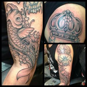 Crown . Skull . Koi with waves and flower skulls .