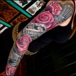 Sick black & grey mic, tape & record player with pink colour realistic roses sleeve tattoo #dreamtattoo #mydreamtattoo