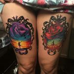 Sick double colorful watercolour thigh portrait & flowers tattoos #dreamtattoo #mydreamtattoo