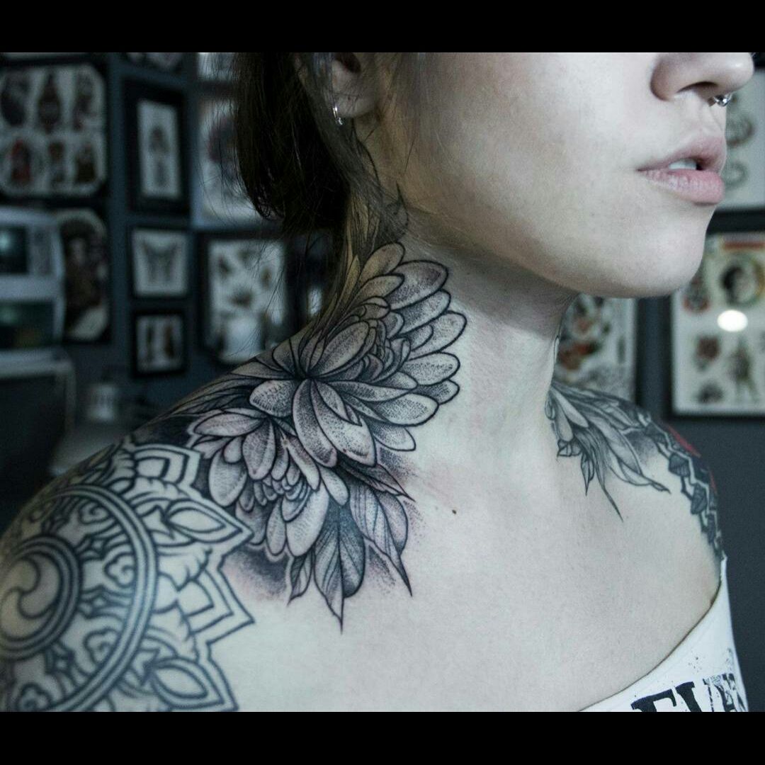 Tattoo uploaded by Orla • Awesome double black & grey peony flower neck tattoos &, marching shoulder geometric mandela tattoos • Tattoodo
