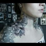 Awesome double black & grey peony flower neck tattoos &, marching shoulder geometric mandela tattoos