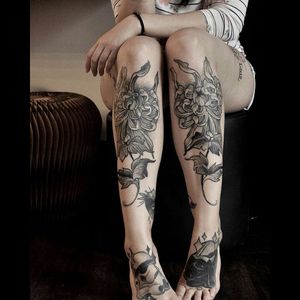 Cool double black & grey peony flower & streams tattoo