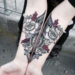 Cool matching black & grey with red forearm flowers & pattern tattoo #dreamtattoo #mydreamtattoo
