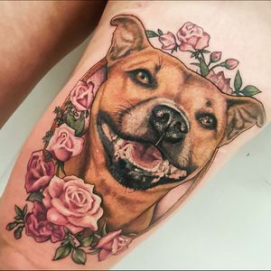 Awesome colour realistic dog portrait with pink roses tattoo#dreamtattoo #mydreamtattoo