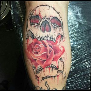 Awesome skull sketch with pink watercolour realistic rose tattoo #dreamtattoo #mydreamtattoo