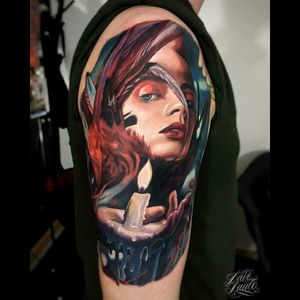 Cool realistic colour portrait & candle tattoo