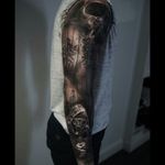 Super cool black & grey realistic skull, trees/forest, gas mask sleeve tattoo #dreamtattoo #mydreamtattoo
