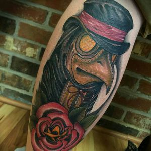 Plague doctor done by Michael Vasquez on the back of my leg