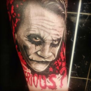 #forearm #tattoo #joker #HeathLedger #thedarkknight #whysoserious #blackandgrey #red #portrait