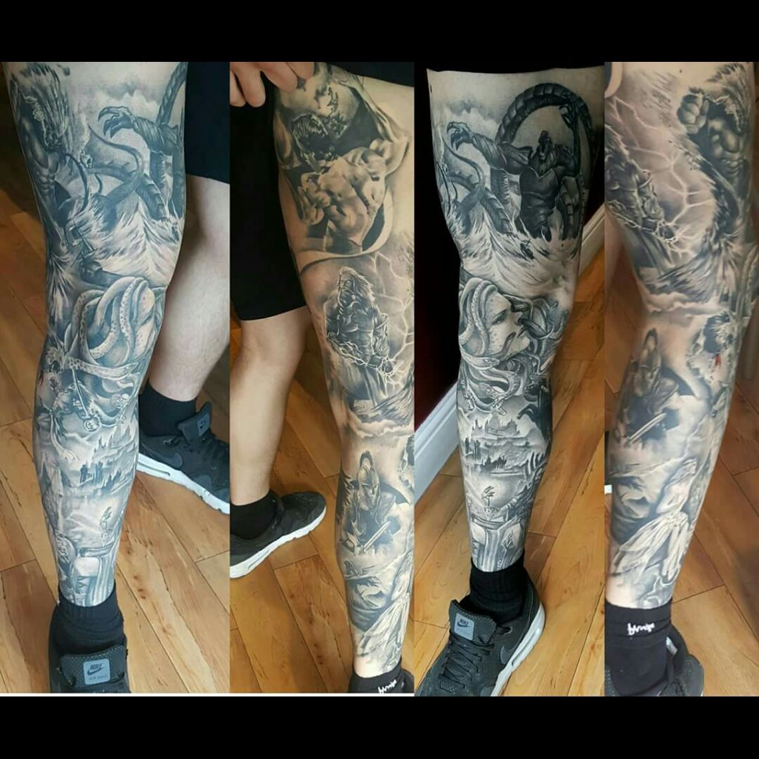 Half fresh half healed Greek mythology leg sleeve in progress Done using  inkmachines kwadron dynamiccolor inkeeze dermalizepro  Elie Rahme  elierahmetattoos on Instagram