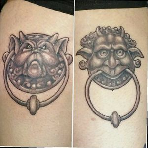 My Labyrinth Door Knockers tattooed on my calves... Tribute to David Bowie, labyrinth is one of my all time favourite films This was done In April. By Skinpressions Fode,  Stoke-on-Trent staffs, England #labyrinth #Jareth #labyrinthdoorknockers #goblinking