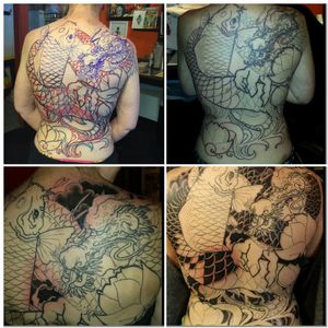 Progress shots. #backpiece #tattoodobabes #fullback #koifish  #dragon #japanesetattoo #lotus