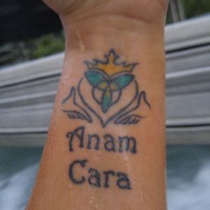 My hubby &I got these Irish Claddaughs for our second anniversary. Anam Cara added a year later. It means soul mate in Irish. #dreamtattoo