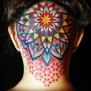 Interesting back of the head colour geometric mandela tattoo