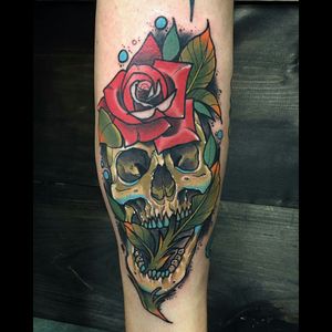 Almost traditional, colour skull, rose & leaves tattoo