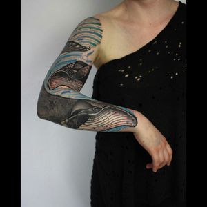 Cool mic of colour & black & grey humped back whales sleeve tattoo#dreamtattoo #mydreamtattoo