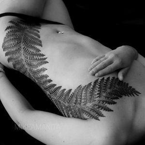 Totally sick large black & grey realistic fern leaf collarbone, waist & hip bone tattoo#dreamtattoo #mydreamtattoo