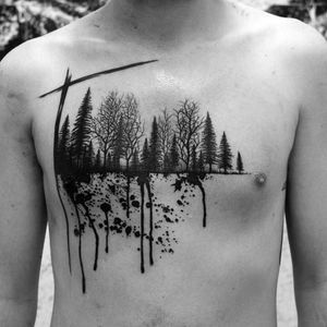 Cool black & grey silhouette trees, paint strokes & paint splatter tattoo#dreamtattoo #mydreamtattoo
