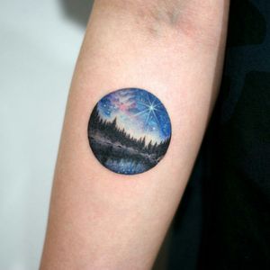 Awesome tiny colour detailed night sky, stars, trees/forest, ladle water reflection tattoo #dreamtattoo #mydreamtattoo