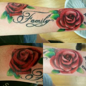 Added these roses to the word "Family". Script not by me.#rose #roses #armtattoo #forearmtattoo #family #redrose #tattooartist #artist #cloudiatattoo