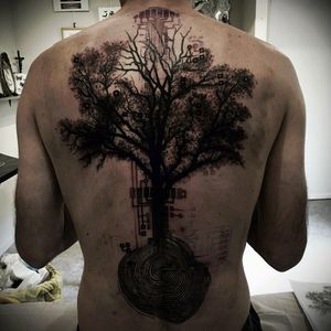 Chill blank & grey large tree, tree rings & binary back tattoo
