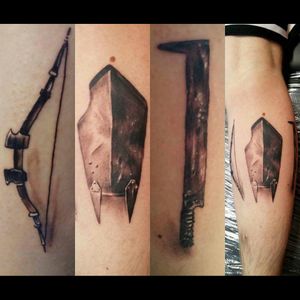 Lord of the rings Tattoo. Weapons of the Uruk Lurtz#lotr #lotrtattoo #Lurtz #TheLordOfTheRings #lordoftherings #weapon #sword #bow #shield #Orc #uruk