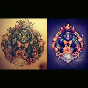 Tattoo inspired by artwork by Megan Lara art and illustrations, tattoo done by Ashley Primm from studioink. (Still needs color on the banner around luna, the eyes, the Cresent moon, and the broach luna is holding, and the crystal below her.) #MeganLaraArtist#Ashleyprimmfromstudioink#onemoresession#sailormoon#maneki#luna#sugoi#kawaiitattoo