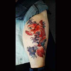 My third tattoo a watercolor koi fish with lotus