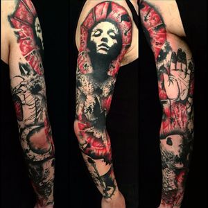 Awesome black & grey & red portrait, bird, moon & hand sleeve tattoo#dreamtattoo #mydreamtattoo