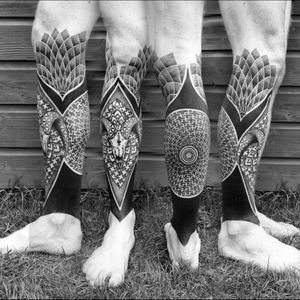 Sick black & grey ram skull & geometric calf sleeve tattoo