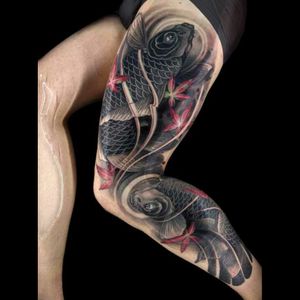 Wicked tattoo black koi fish leg sleeve with Autumn leaves tattoo #dreamtattoo #mydreamtattoo