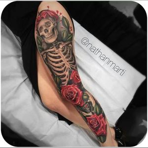 Absolutely ducking unreal colt realism skull & Skelton roses, head wreath leg sleeve tattoo#dreamtattoo #mydreamtattoo