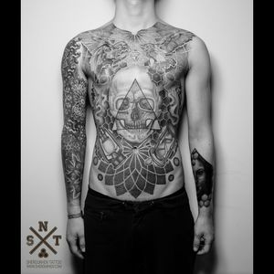Awesome black & grey firework skull, triangle, mandela, geometric full torso, up to the collarbones & sleeve tattoo