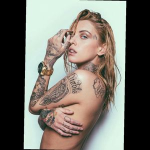 Sick black & grey sleeves, hand, fingers, face, neck & back script tattooed woman