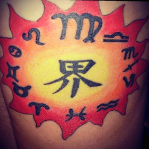 In 1998 I got the zodiac circle and it was instant regret. The tattoo "artist" was not an artist. The symbols came out different sizes and splotchy. In 2009, I went to a guy in Oklahoma City and he fixed it as much as he was able and added the kanji and sun. Sun needs re-inked, but I still love it. #zodiac #sun #kanji
