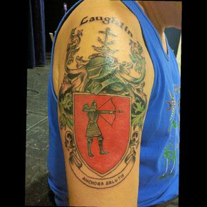 Gabe at flesh electric did this at the ink masters expo in new braunfels Tx.  Its my actual family crest.  3rd Tatoo for me