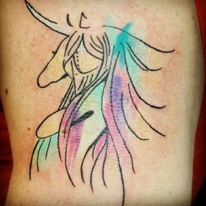 The Last Unicorn done by Rippy. This is a meaningful tattoo. My all time favorite movie, and my favorite style of painting, water color.