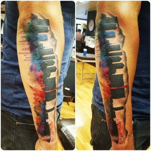 #3 This is my tattoo of 2 skylines mixed. The colour is Johannesburg my home, the black & white is of Cape Town. My favourite city in the whole world! #skyline #city #home #watercolour #watercolor #forearm #forearmtattoo #colour