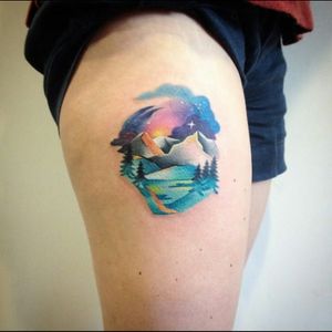 Sick colourful mountains & trees, night sky tattoo #dreamtattoo #mydreamtattoo
