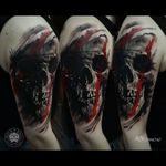 Sick realistic black & grey large dark skull with red paint strokes tattoo #dreamtattoo #mydreamtattoo